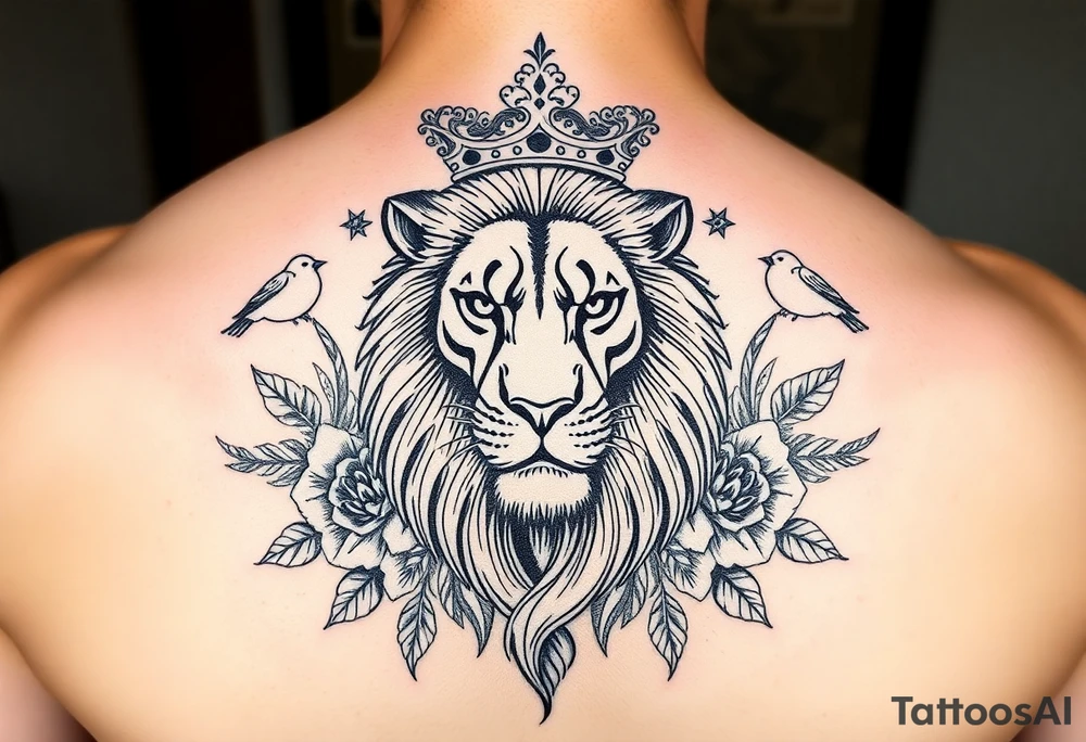 powerful majestic lion with a crown, surrounded by floral ornaments and birds tattoo idea