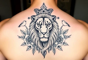 powerful majestic lion with a crown, surrounded by floral ornaments and birds tattoo idea