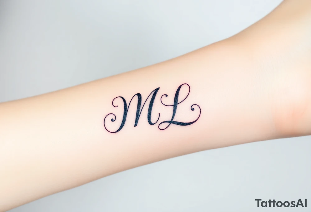 A mother and child’s initials (M and L) intertwined in a flowing script, with soft pastel watercolor splashes in the background tattoo idea