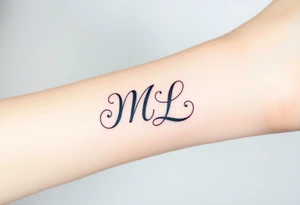 A mother and child’s initials (M and L) intertwined in a flowing script, with soft pastel watercolor splashes in the background tattoo idea