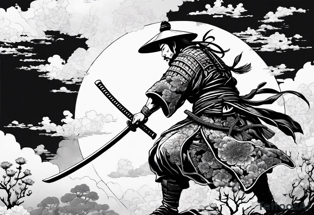 samurai experiencing enlightenment making dead flowers bloom around him tattoo idea