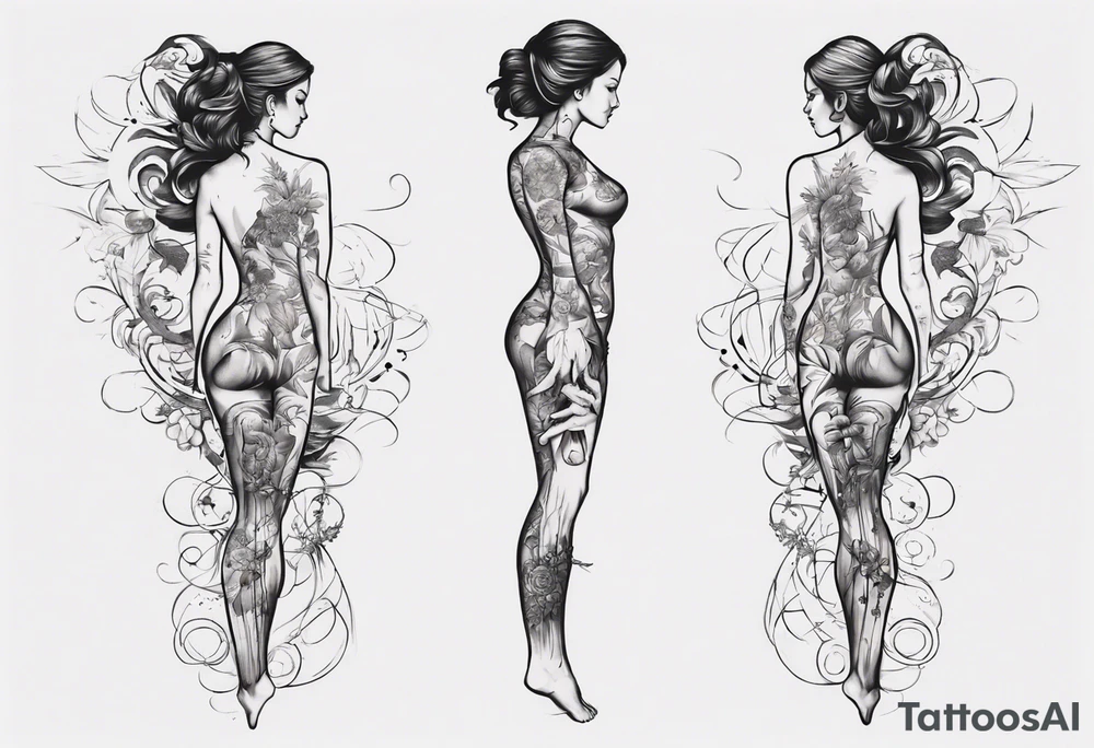 A spine tattoo that incorporates a woman’s figure into the linework tattoo idea