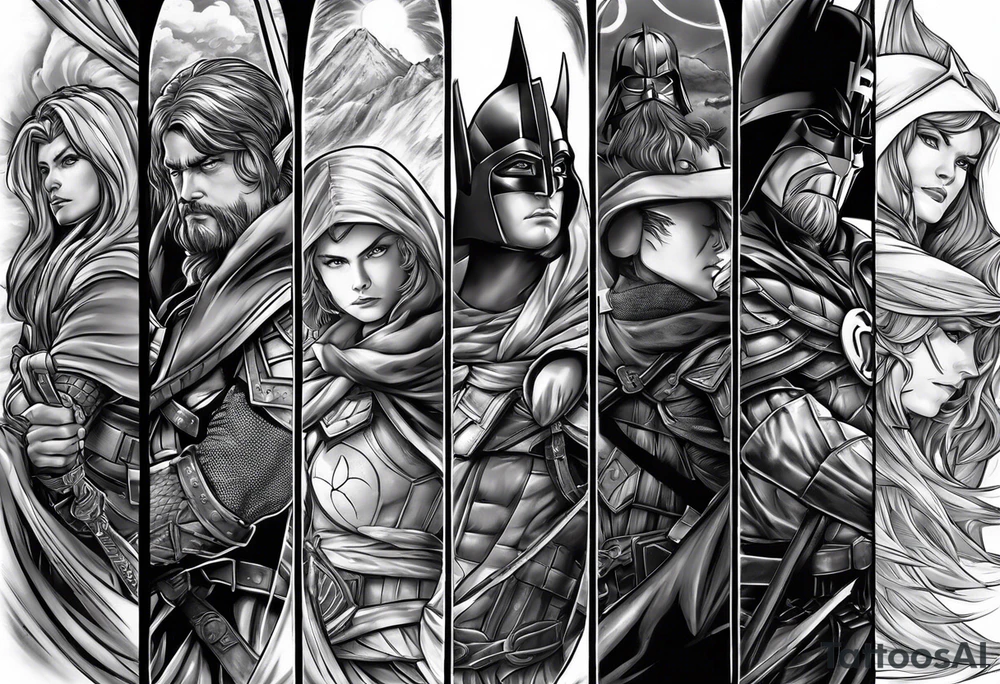 Full arm sleeve tattoo extending from shoulder to wrist featuring the battle of Helms Deep with character such as Anakin Skywalker, Obi Wan Kenobi, Darth Vader, Superman, Batman, Green Lantern, Dark Magician and Blue-Eyes White Dragon from Yu-Gi-Oh!, and Captain America added in to a panned out scenic battle tattoo idea
