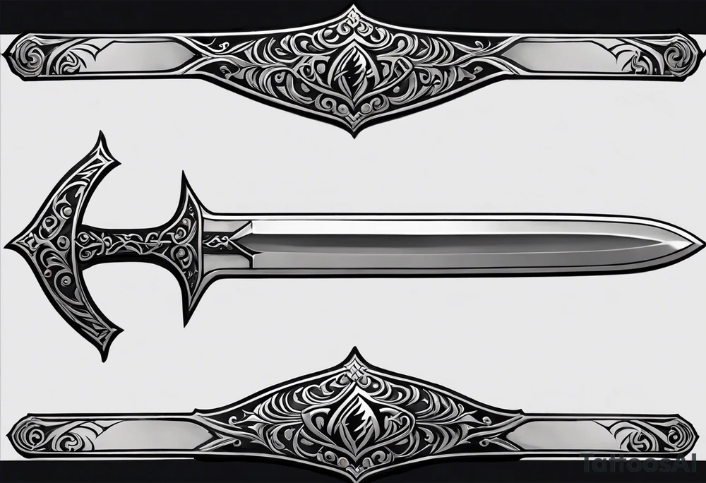 The Master Sword in a detailed, elegant drawing, with the hilt adorned with delicate engravings of elemental symbols: a flickering flame for fire, a gentle wave for water, a sprouting leaf for earth, and a twisting breeze for air. The blade itself is sleek and polished tattoo idea