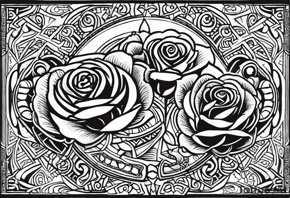 Design a masculine tattoo depicting three delicate rose buds being embraced and protected by 
Aztec weapons. The weapons should include elements such as the macuahuitl (Aztec sword-club)
, arranged in a way that forms a protective circle or embrace around the roses. Carve the entire image as if it were a stone sculpture by an ancient Aztec artist, with the texture resembling intricately detailed stone carvings. The roses should be slightly softer but still stylized in stone, giving the entire tattoo a powerful, yet artistic and ancient feel. Use bold, sharp lines to capture the essence of Aztec craftsmanship

Historically accurate tattoo idea