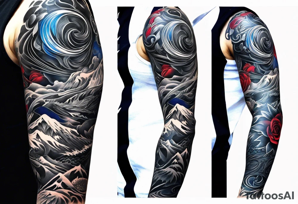 Full Arm sleeve, black, gray, silver, red, royal blue tattoo idea