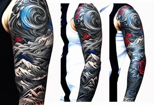 Full Arm sleeve, black, gray, silver, red, royal blue tattoo idea