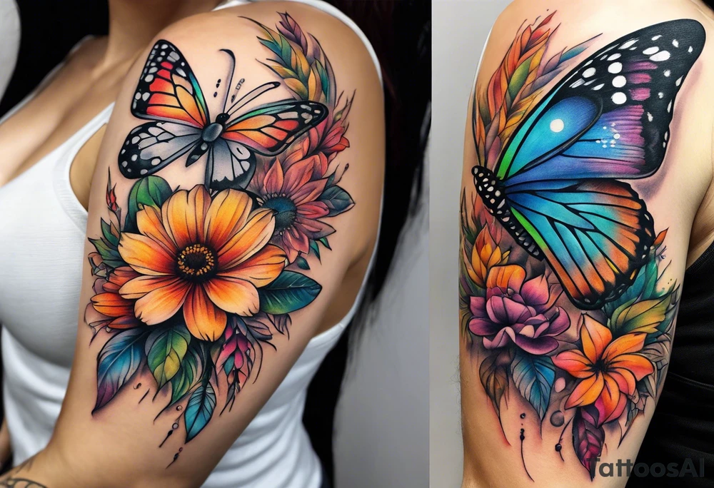 arm sleeve with dreamcatcher, rainbow flowers and one butterfly tattoo idea