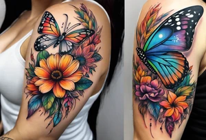 arm sleeve with dreamcatcher, rainbow flowers and one butterfly tattoo idea
