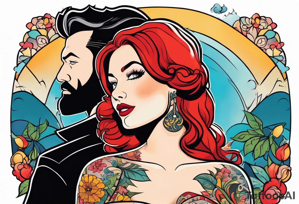 Busty Red haired woman with black haired bearded man tattoo idea