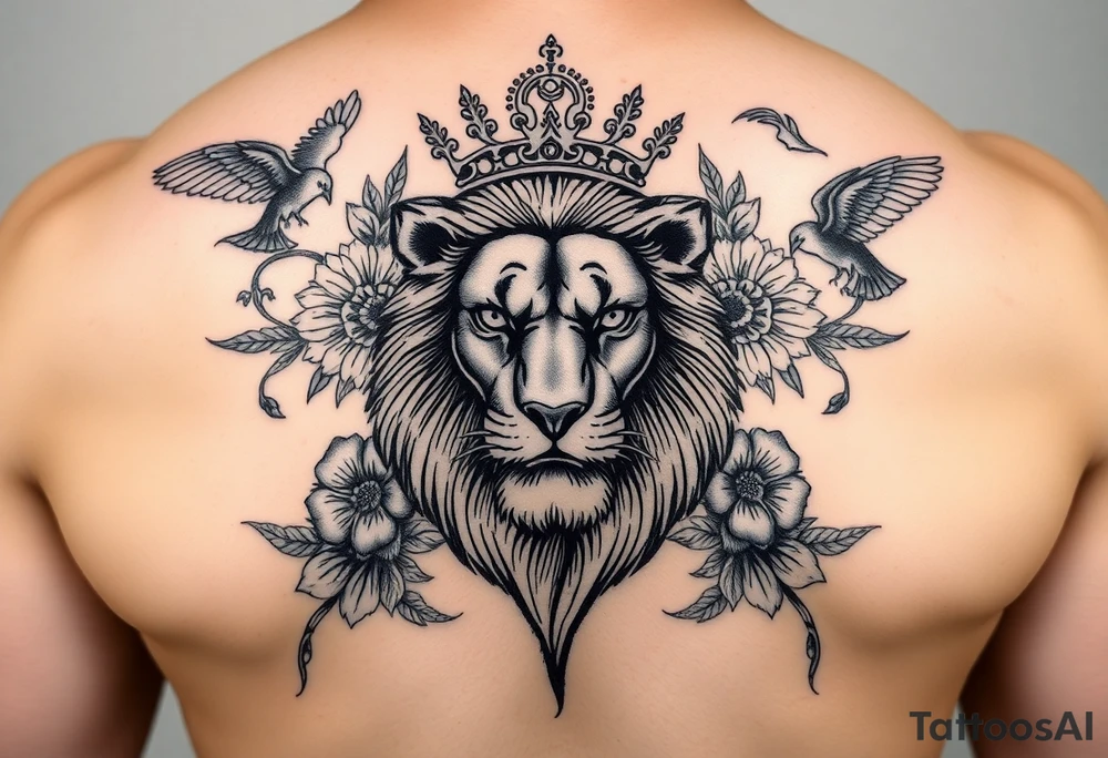 powerful majestic lion with a crown, surrounded by floral ornaments and birds tattoo idea