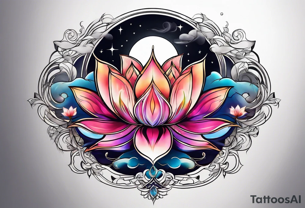Moon surrounded by ribbons of smoke that dissolve into a lotus tattoo idea