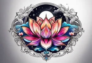 Moon surrounded by ribbons of smoke that dissolve into a lotus tattoo idea