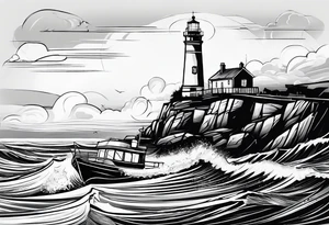 phare maritime dans un bateau entouré de voiles. tattoo idea