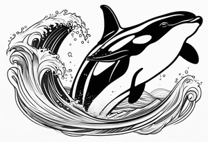 transient orca, Japanese realism, simplistic, shaded high contrast, flowing, waves and kelp highlights tattoo idea