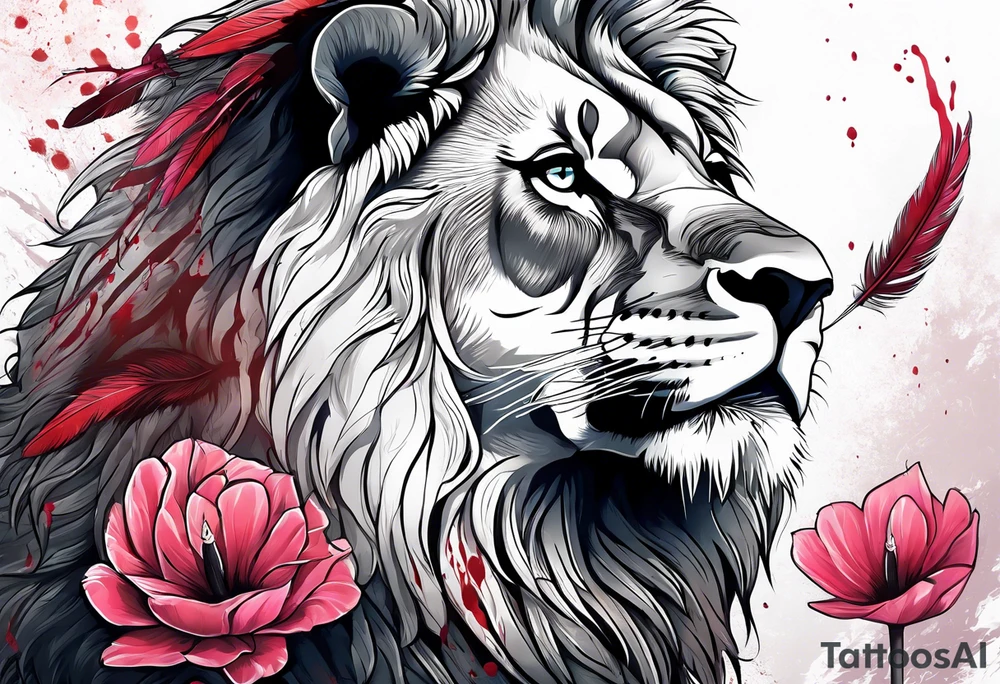 powerful majestic lion, eating a flamingo with feathers and blood and guts tattoo idea