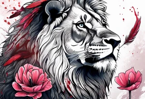 powerful majestic lion, eating a flamingo with feathers and blood and guts tattoo idea