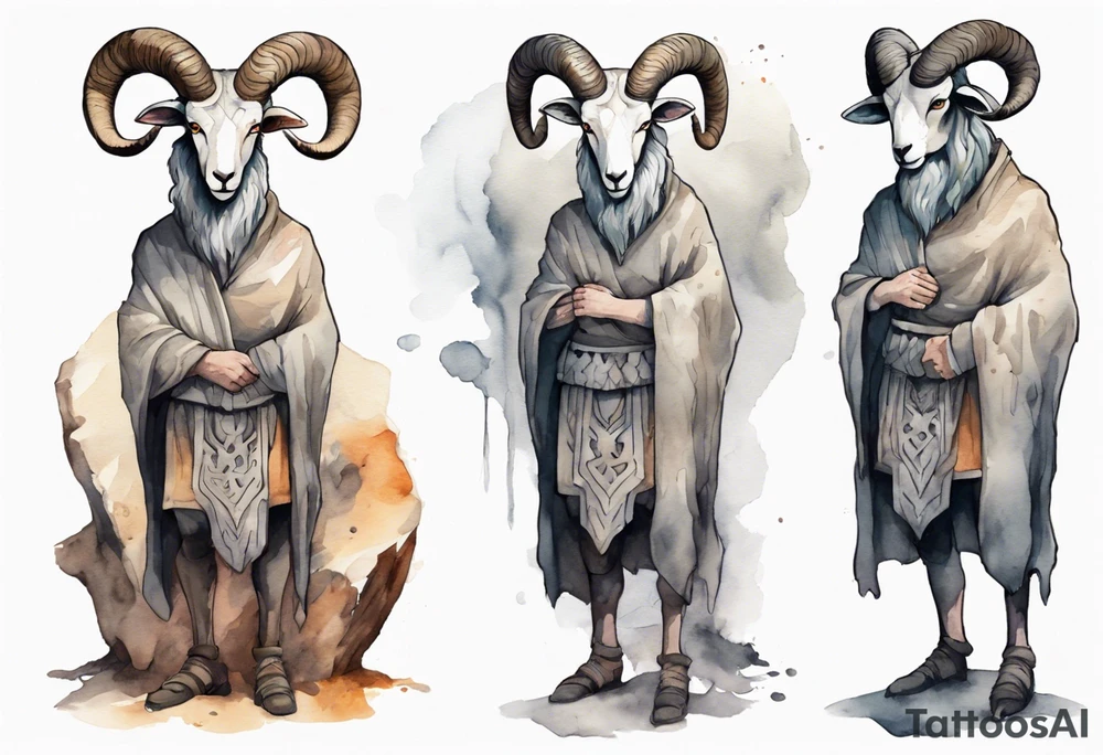 a solitary broad-shouldered man with the head of a big-horned sheep, wearing a grey tunic standing before a cave with cloven feet tattoo idea