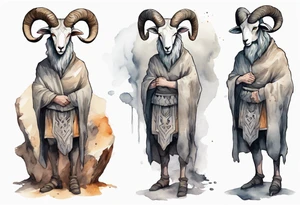 a solitary broad-shouldered man with the head of a big-horned sheep, wearing a grey tunic standing before a cave with cloven feet tattoo idea