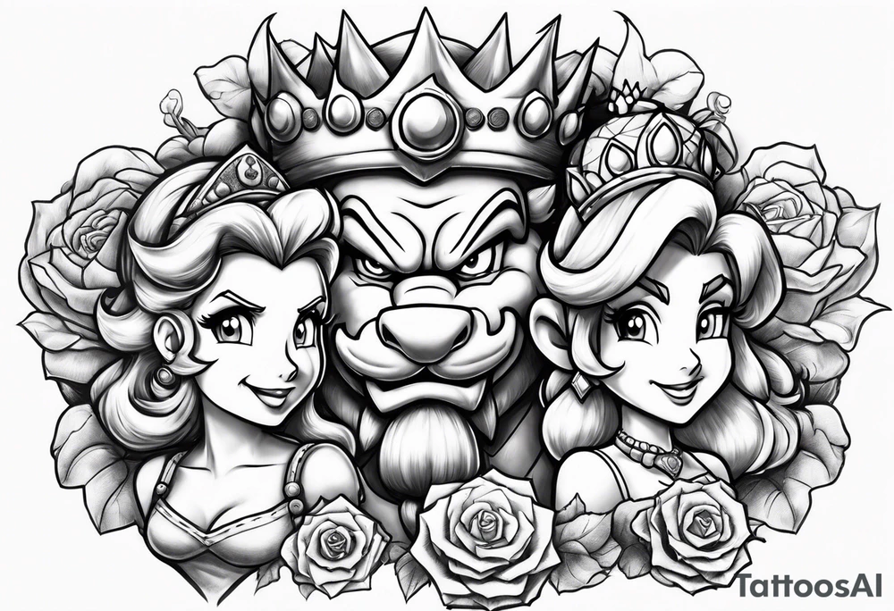 bowser holding Mario and Luigi severed heads with princess peach by bowsers side tattoo idea
