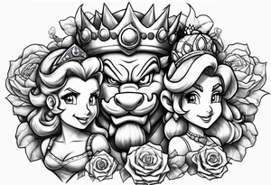 bowser holding Mario and Luigi severed heads with princess peach by bowsers side tattoo idea