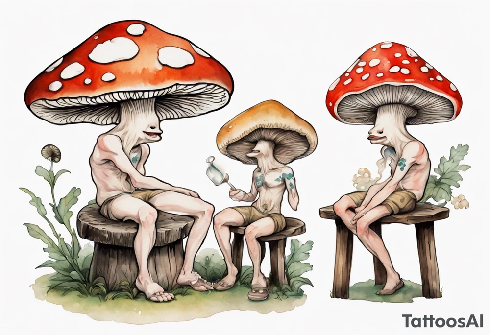 a medieval mushroom sitting on a stool drinking from a wood mug, laughing tattoo idea
