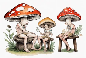 a medieval mushroom sitting on a stool drinking from a wood mug, laughing tattoo idea