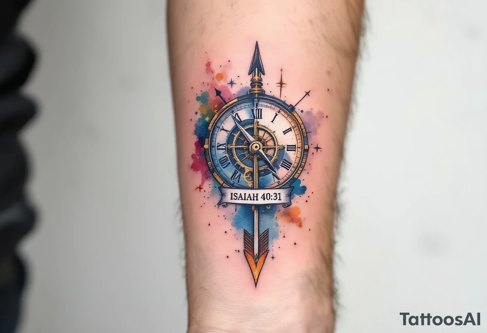 steampunk half compass half clock with a full length arrow pointing at my wrist and saying "Isaiah 40:31" tattoo idea