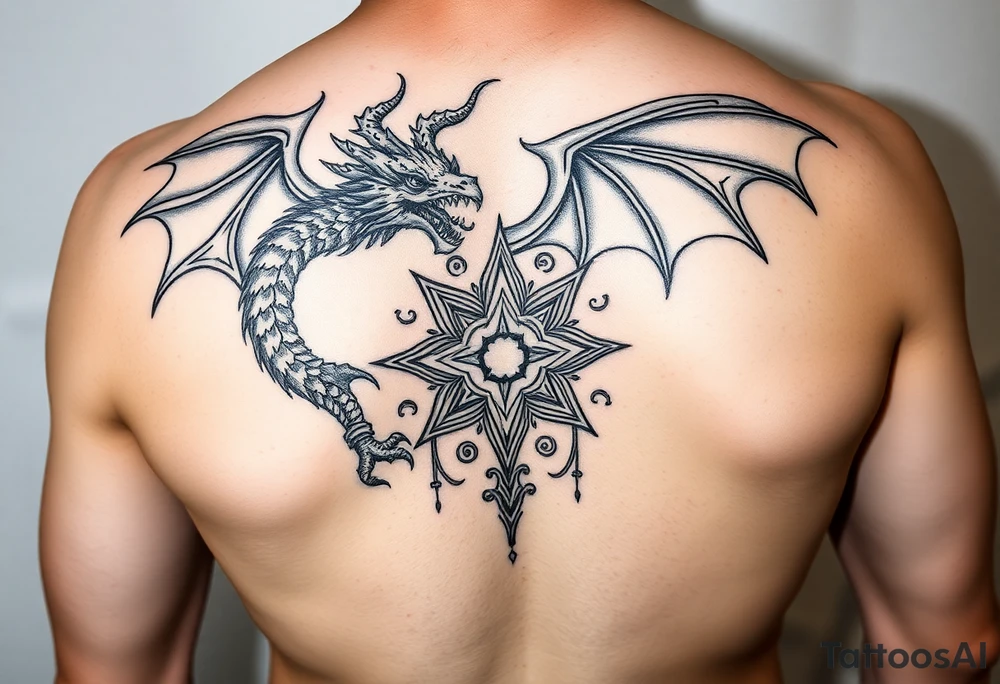 Masculine but beautiful and graceful dragon with a fancy celtic star and abstract filigree and knotwork tattoo idea