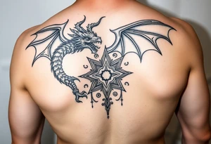 Masculine but beautiful and graceful dragon with a fancy celtic star and abstract filigree and knotwork tattoo idea
