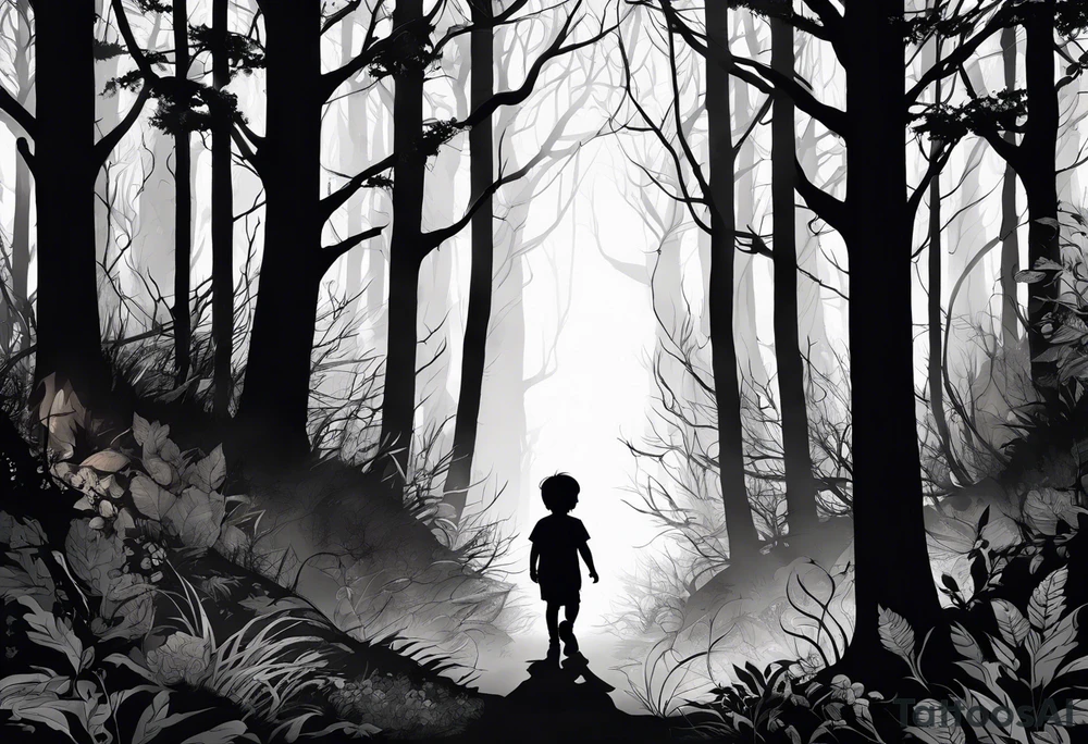 A silhouette of a young child walking through a dark, evil forest tattoo idea