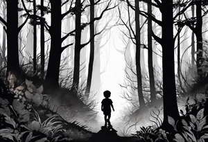 A silhouette of a young child walking through a dark, evil forest tattoo idea