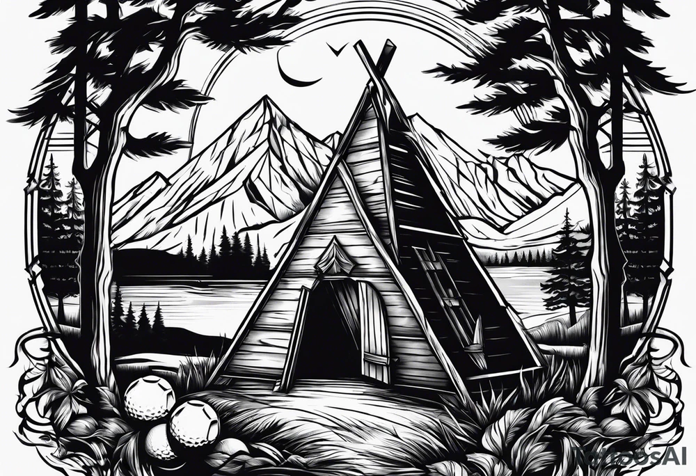 cross, campfire, golf , whiskey glass, cabin tattoo idea