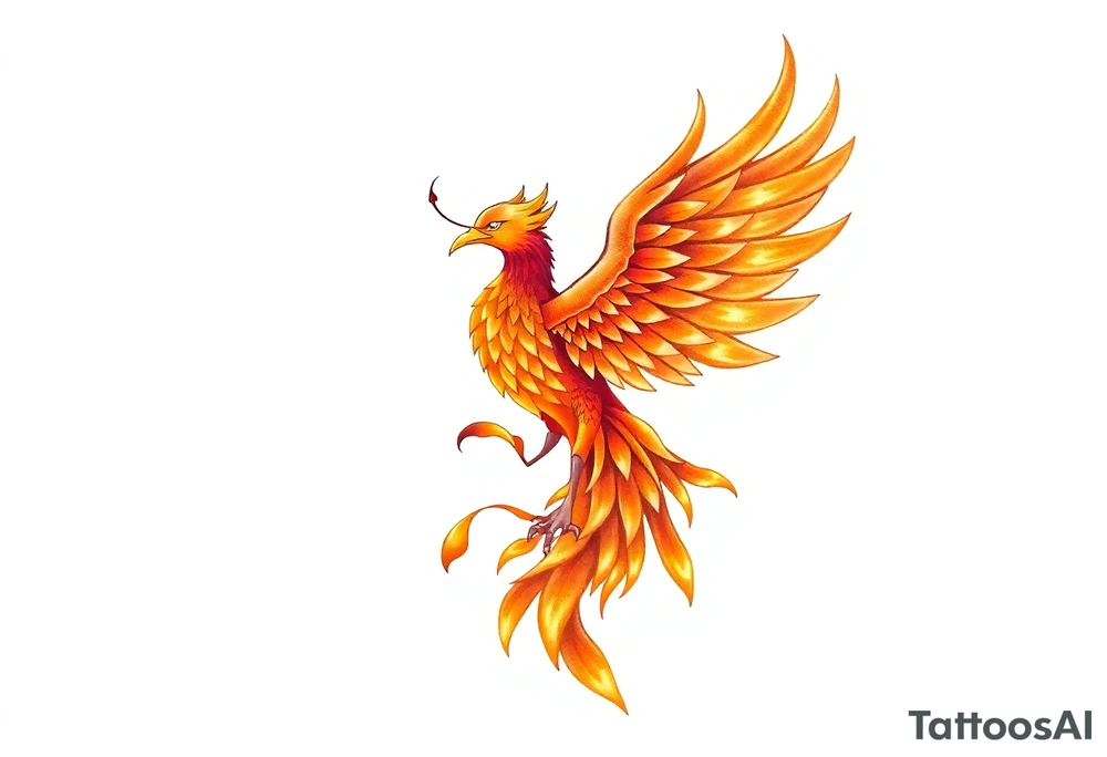magnificent phoenix rising from golden flames with trailing embers tattoo idea