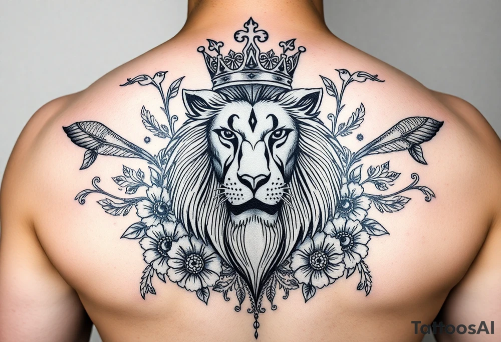 powerful majestic lion with a crown, surrounded by floral ornaments and birds tattoo idea