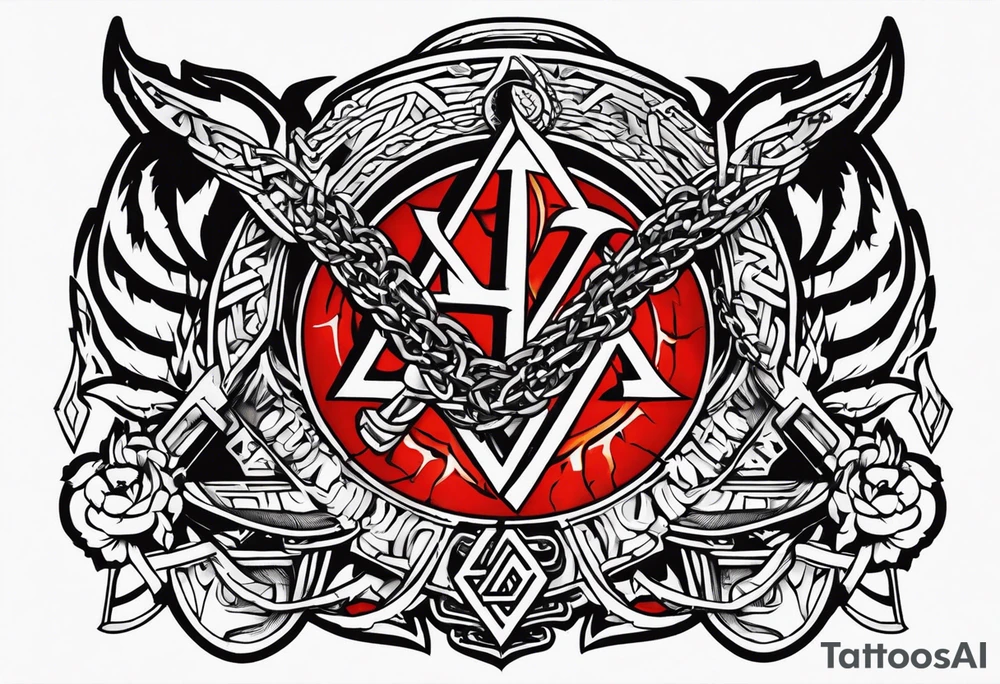 Valhalla sword shield dragon axe Valknut barbed wire chains fire tattoo idea Valhalla sword shield dragon axe Valknut barbed wire chains fire tattoo idea
