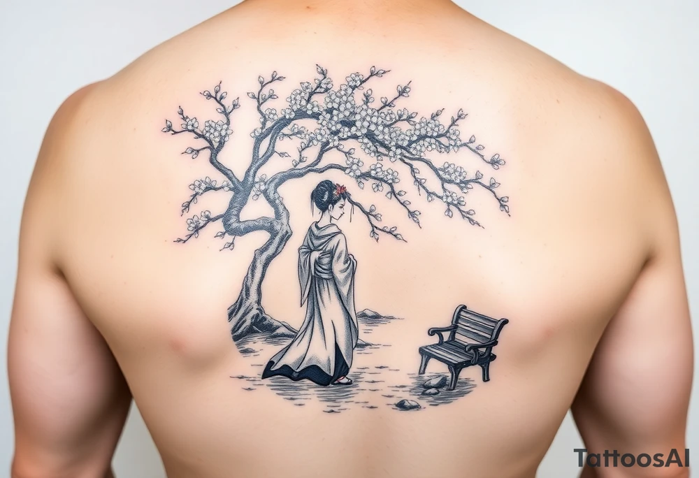 Japanese geisha with cherry blossom tree river and stone bench tattoo idea