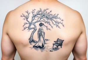 Japanese geisha with cherry blossom tree river and stone bench tattoo idea