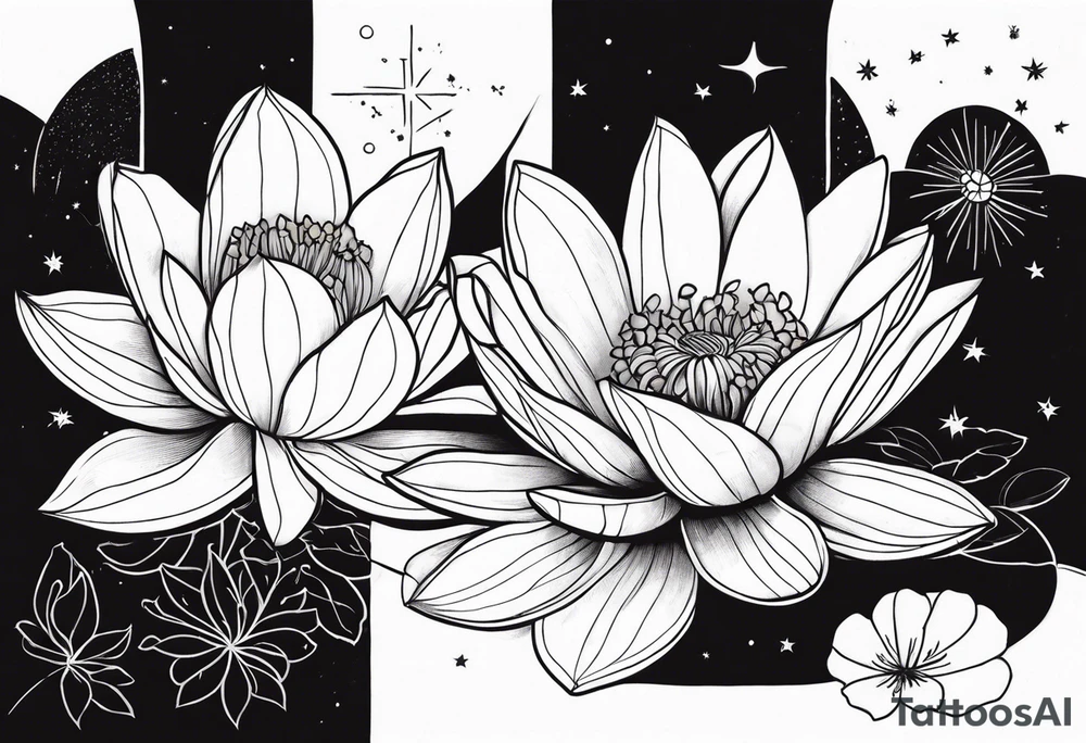 Lotus, marigold, Dahila, snapdragon. Stars in background tattoo idea