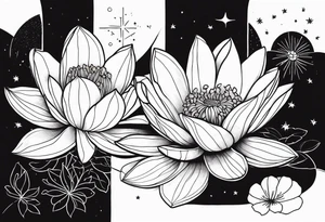 Lotus, marigold, Dahila, snapdragon. Stars in background tattoo idea