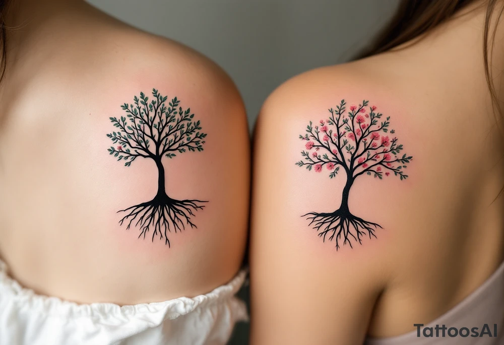 One partner wears a black ink silhouette of a tree with strong roots, while the other has a matching tree with blooming branches in soft pink and green, symbolizing grounded love and shared growth. tattoo idea