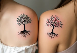 One partner wears a black ink silhouette of a tree with strong roots, while the other has a matching tree with blooming branches in soft pink and green, symbolizing grounded love and shared growth. tattoo idea
