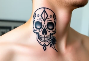 Masculine sugar skull with diamonds and daisy tattoo idea