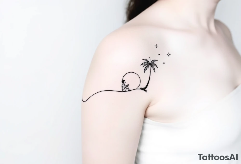 Create a minimalist tattoo design that wraps around the upper right arm, just below the armpit and above an existing blackwork sleeve.

Design Flow:

The tattoo is connected by a thin, continuous line that wraps around the arm.

On the outer/front arm, place a small, minimal walking figure on the line, moving forward. The line should have a gentle wave under his steps to create movement.

The line continues to the inner arm, where a boy is sitting on the line (with his back to the viewer, legs dangling below the line).

To the right of the boy, place a slightly leaning palm tree growing from the line.

Behind or beside the tree, include a minimal sun, low on the horizon (simple circle or half-sun).

In the space above, softly scatter minimalist stars, mostly dots, with 2–3 sparkles or tiny diamond shapes.

Style Notes:

Keep everything in fine line / minimalist style, no heavy shading

Design should feel light, dreamy, and reflective — symbolizing balance between stillness and motion

Line should echo the flow of the existing tribal/blackwork arm band below, but not mimic or clash with it

The boy should sit under the palm and with the back to the viewer tattoo idea