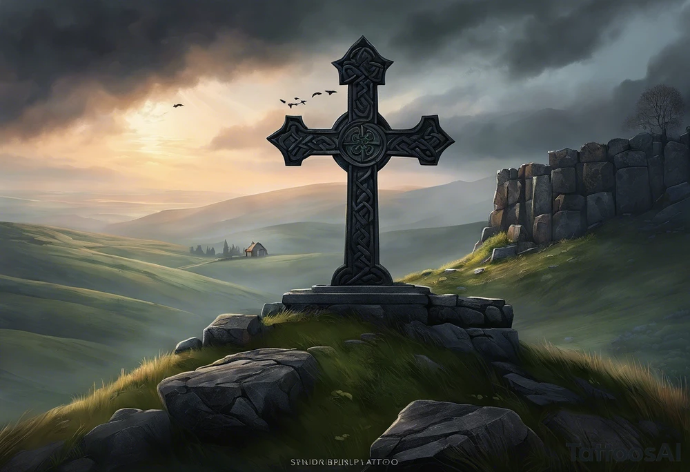 A stone Celtic cross solemnly standing atop a hill, a raven perches atop the cross staring out over the desolation. A ruined stone wall lies crumbling near the cross. Mist rolls along the hilltops adding to the melancholic nature of the scene. tattoo idea