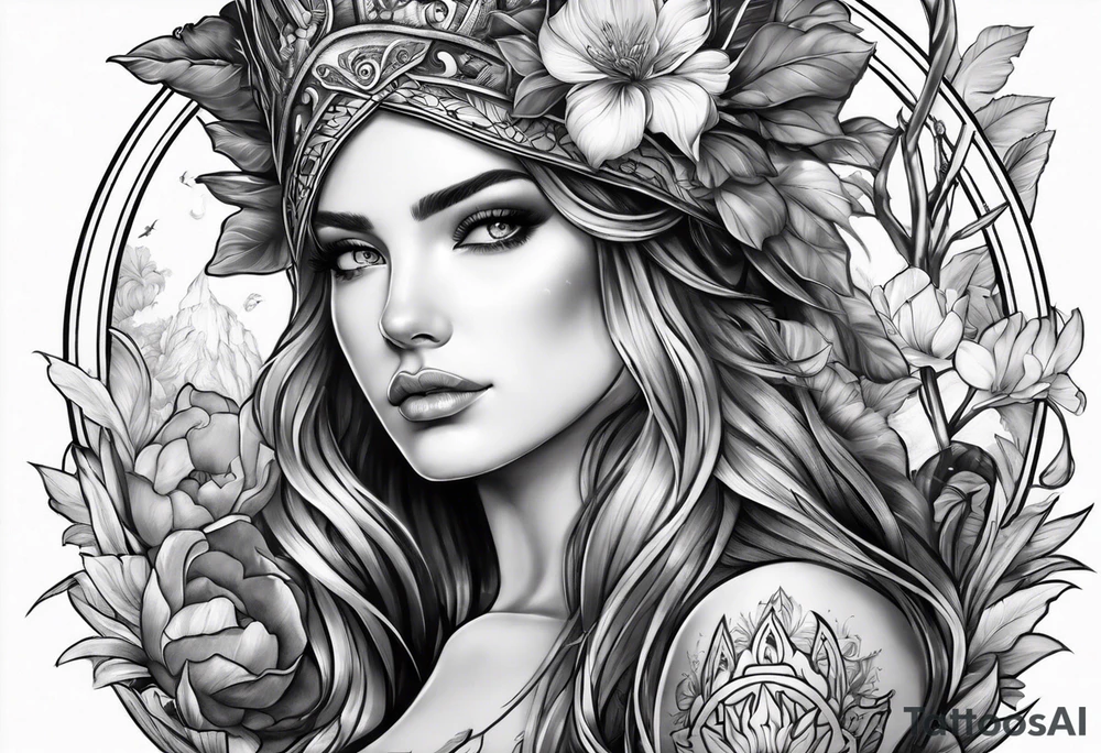 Oceane with a warrior and a beautiful garden tattoo idea