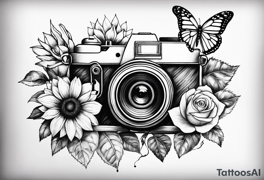 Flower : rose , sunflower, camera, small butterfly tattoo idea
