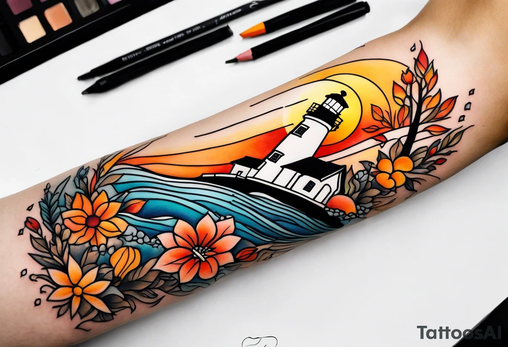 Arm sleeve with fall colors, various flowers, water flow, water splash, light house tattoo idea