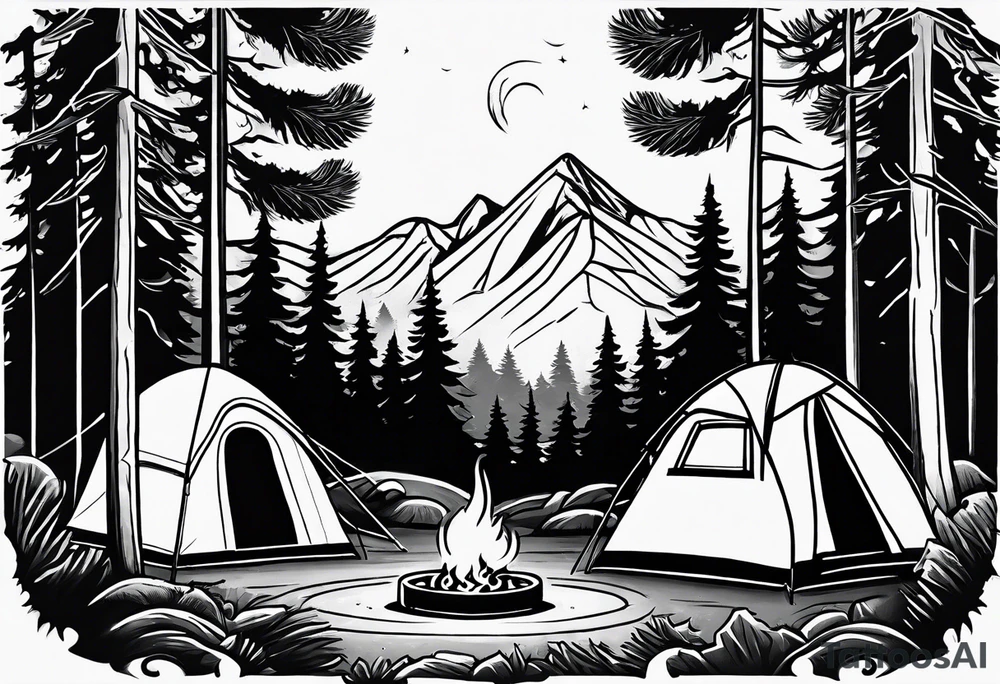 Campground with onr small tent and small fire pit with smoke billowing out of it. Forest of trees surrounding it with three large pine trees being the focus in the background. tattoo idea