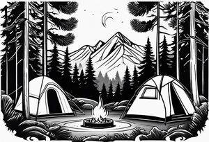Campground with onr small tent and small fire pit with smoke billowing out of it. Forest of trees surrounding it with three large pine trees being the focus in the background. tattoo idea